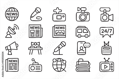 Press and Communication Icons with Camera Microphone and TV