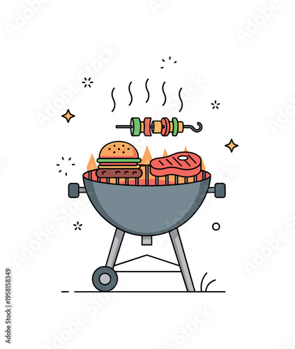 Outdoor grilling scene a small barbecue grill with a burger patty, vegetable skewer and steak cooking above glowing grill marks representing summer cookout