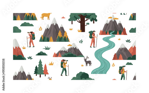 wilderness exploration seamless pattern, people trekking, observing wildlife, using binoculars, backpacks, walking sticks, mountains, rivers and forests