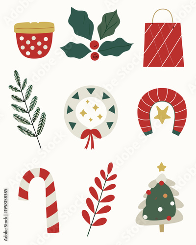 Festive christmas illustrations featuring decorations sweets and foliage