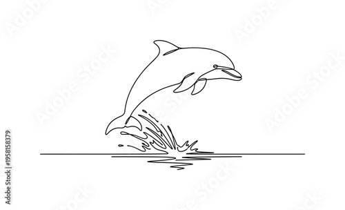 Dolphin Splashing. Minimalistic one-line drawing dolphin hitting water surface after jump with motion lines, continuous single black line on white background,