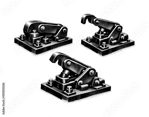 Rocket launch pad hold-down clamp mechanism with mechanical arms and locking components, shown as a single realistic clamp system presented in three views