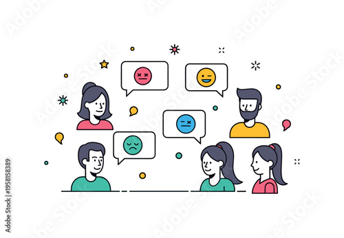 Team emotional check in scene with several people sharing simple mood icons in speech bubbles during a friendly conversation. The compact