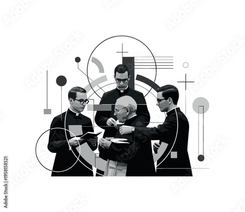 clergy performing ceremony, geometric circles lines and abstract blocks symbolizing ritual and sacred practice, black and white retro realistic figures layered