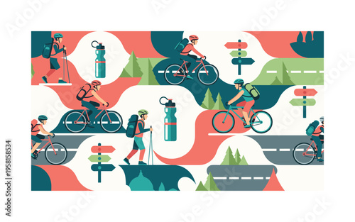 nature fitness activities seamless pattern, hikers with backpacks, cyclists on roads, helmets, water bottles, and trail markers arranged in a repeating