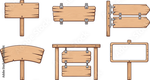 Set of wooden signboards with different shapes and hanging boards in rustic style vector illustration isolated on light background for direction and decoration design