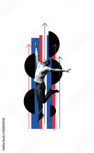 Black and white realistic figure jumping upward, body slightly elongated for dynamic effect, bold semicircles and thin upward-pointing lines reinforcing