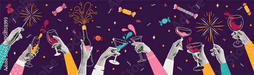 Illustration of hands holding diverse drinks in a festive mood. Brightly colored candies and sparklers enhance the joyful, party atmosphere against a purple backdrop.