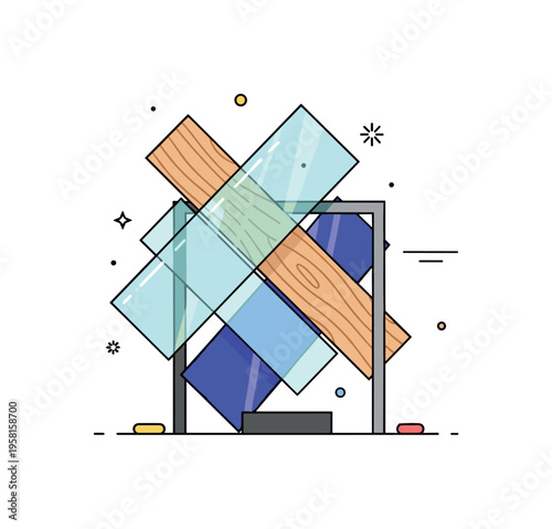 Decorative mixed media sculpture abstract object where glass panels, wooden textures, and metal frames intersect to create a visually balanced artistic piece.