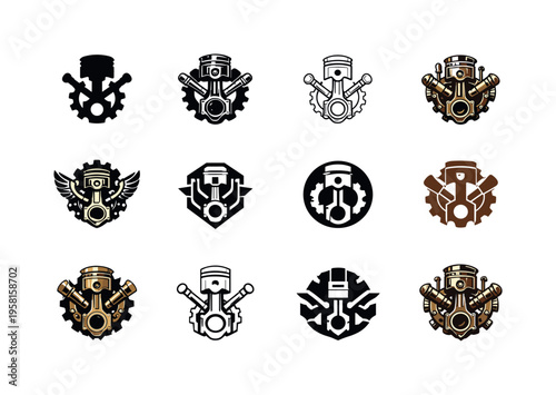 steampunk style. Icon set. Set Logo of steampunk style: steam engine piston. harmonious logo variations of the same emblematic concept, each with different
