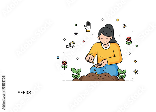Seeds person sowing seeds with small hand movements into a garden bed representing patience, nurturing, and cultivation. Decorative stars and tiny hand and