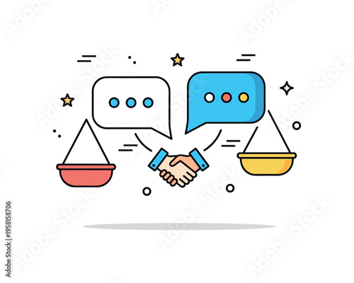 Argument and discussion skills training showing two balanced speech bubbles connected by a small handshake icon representing respectful dialogue and