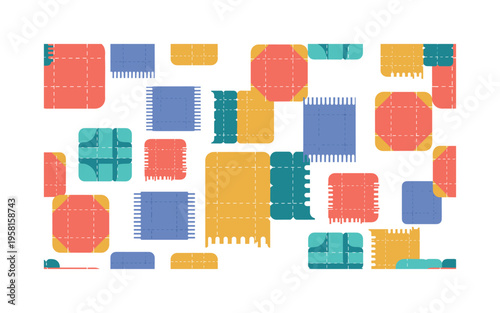 handcrafted textile decor quilt patches stitched shapes fabric squares and cozy blankets stylized as modern vector motifs, flat vector rounded shapes, bright