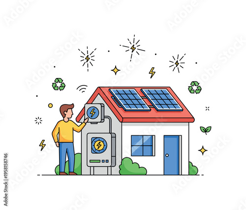 Solar power person installing a solar panel on a rooftop with tools and safety gear representing renewable energy adoption, sustainability, and responsible
