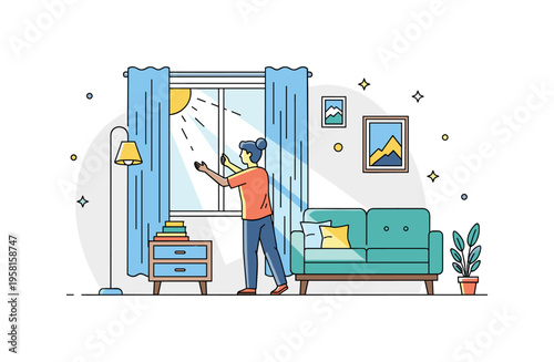 Daylight interior styling designer adjusting furniture placement near a bright window while sun rays highlight textures and colors in the room. The scene