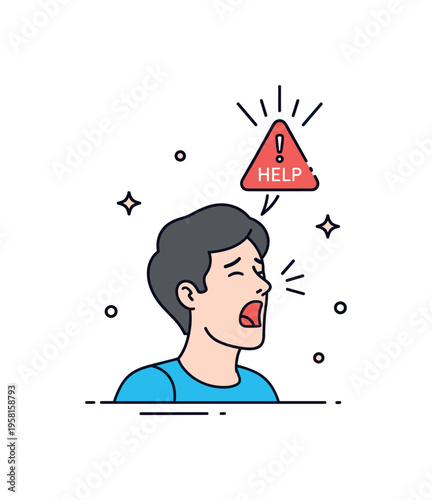 Panic reaction person screaming while a small exclamation badge labeled Help appears above the head surrounded by alarm lines. The composition highlights a