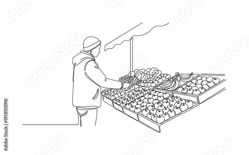 Market Shopper Browsing. Minimalistic one-line drawing person selecting fruits and vegetables from a farmers market stall, continuous single black line on