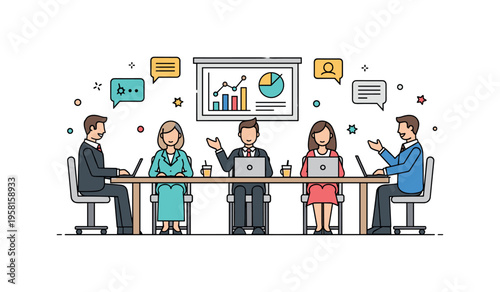 Executive boardroom discussion professionals seated at a long table while a chart display and small speech bubble icons suggest high level decision making and