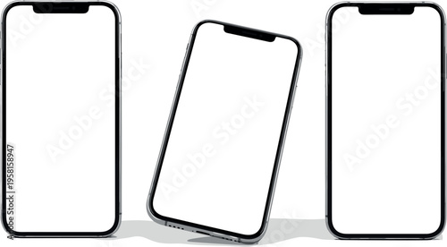 Smartphone mockup set with three different angles and blank screens, modern mobile device template isolated on light background for app UI presentation design