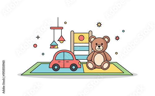 Indoor playground corner illustrated through a soft play mat with a toy car and plush teddy bear, conveying warmth and child friendly comfort. The composition