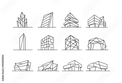 Contemporary Sharp-Edged Buildings. Minimalistic set one-line drawing crystalline skyscraper, slanted facade panels, triangular balcony, dynamic angular roof,