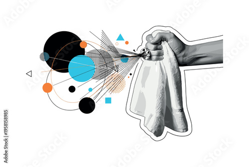 hand wringing towel with water drops abstract circles lines and geometric shapes representing moisture removal black and white retro hand and towel with white