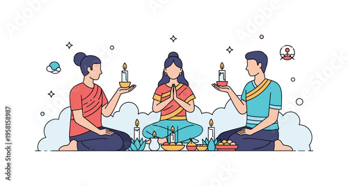 People practicing a meditation or spiritual ritual outdoors with candles and small offerings, highlighting mindfulness, cultural heritage, and ceremonial