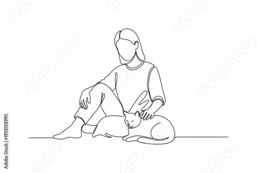 Self-Care with Pets and Animals. Minimalistic one-line drawing person sitting peacefully while petting a cat in a calm moment of relaxation, continuous single