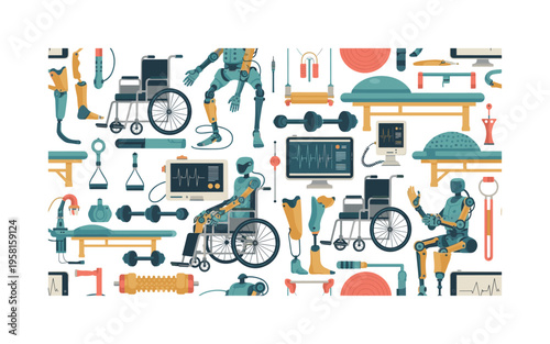 physical therapy tech seamless pattern, wheelchairs, exoskeletons, prosthetics, exercise equipment, tablets, medical monitors and therapy tools arranged in a