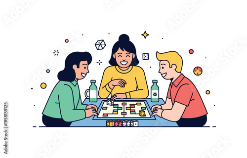 Friends laughing while playing a board game together group of friends seated around a small table with a board game in the center and scattered dice between