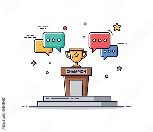 Debate tournament stage with a central podium and a small trophy labeled ?Champion? while opposing speech bubbles suggest lively intellectual exchange. The
