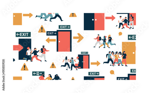 evacuation movement scene seamless pattern, groups of people running toward exit signs with arrows doors and alert symbols arranged in a repeating pattern,