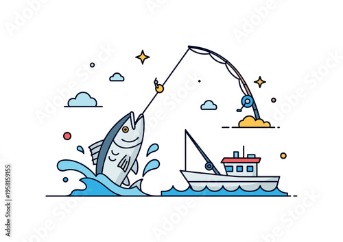 Deep sea fishing big catch moment where a large fish rises from the ocean beside a small fishing boat while a rod bends under tension. The dynamic scene