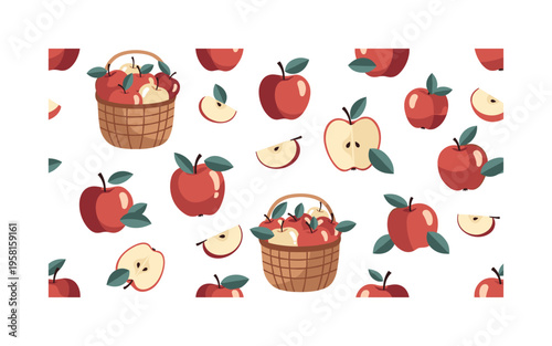 Apple harvest fruits with baskets, apples and leaves in decorative arrangement, seamless pattern, repeating pattern, surface design, textile print, soft color