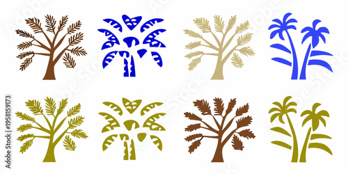 Stylized illustration featuring various tropical trees in different shades