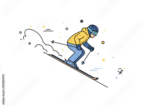 Skier descending a snowy slope with a helmet, goggles, and protective clothing, emphasizing winter sport safety and preparedness. Minimalist flat vector