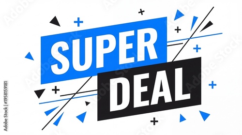 Super deal promotional graphic design featuring bold typography with geometric shapes and abstract lines for marketing sales campaigns and retail advertising banners isolated on a clean white