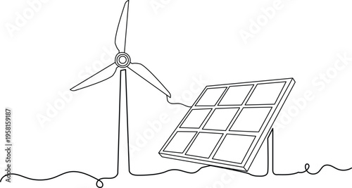 Continuous one line drawing of wind turbine and solar panel, renewable energy concept, ecofriendly power generation vector illustration