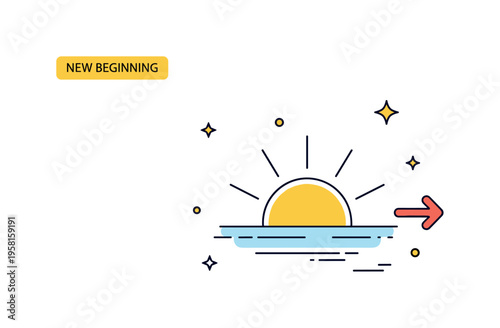 Symbolic new beginning sunrise showing a bright sun lifting above the horizon with gentle rays and a small arrow icon suggesting forward movement. The scene