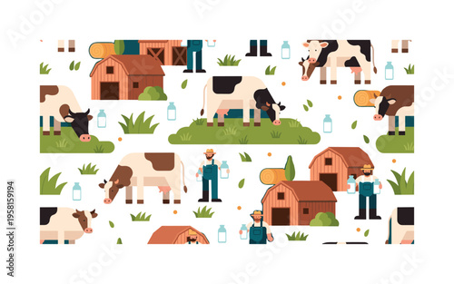 sustainable dairy farming seamless pattern, cows grazing grass farmers collecting milk bottles and farm barns arranged in a repeating pattern, white background