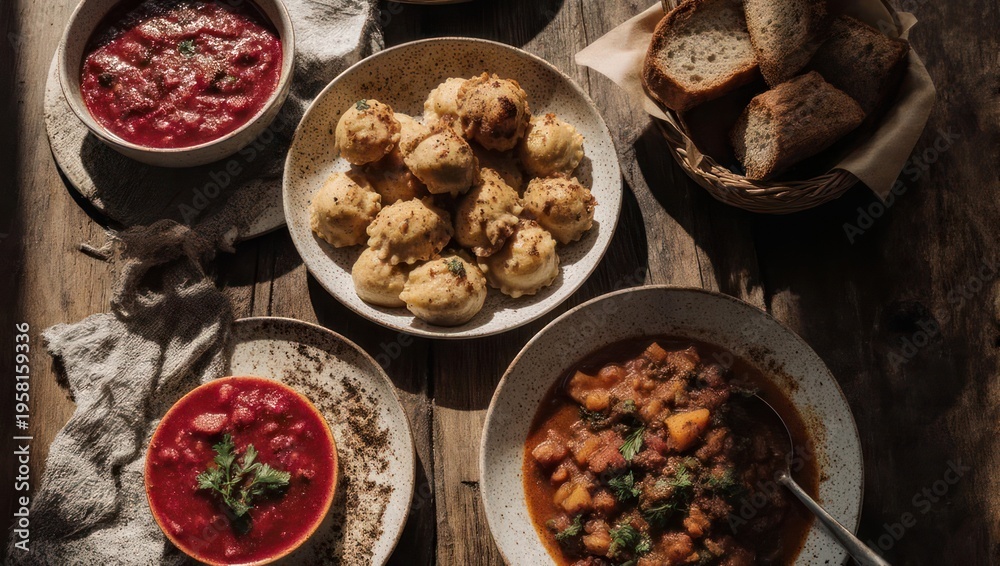Obraz premium Delicious food spread with various dishes on a wooden table.