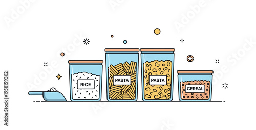 Kitchen pantry organization clear food containers arranged neatly with labels showing rice, pasta, and cereal while a small scoop rests nearby. The composition