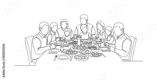 Holiday Feast Gathering. Minimalistic one-line drawing family gathering around a decorated table filled with food for a holiday feast, continuous single black