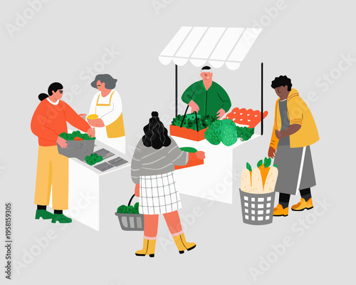 A vibrant farmers market scene with people buying and selling produce