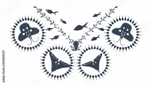 Stylized illustration depicting manta rays fish and jellyfish in ocean depths