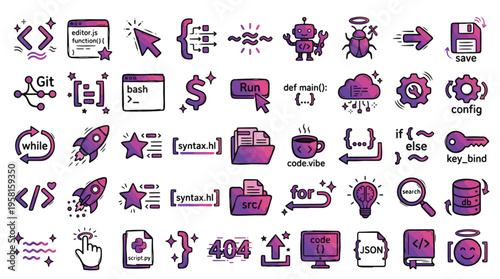 Programming and Web Development Icon Set in Hand-Drawn Style. A collection of Coding and Software Linear Icons, including Git, Bash, Python, JSON, Bug, Cloud, Rocket, Database
