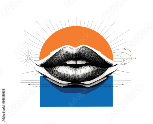 black and white engraved lips slightly parted, layered paper cut collage look, oversized orange semicircle rising behind the lips, delicate linear elements