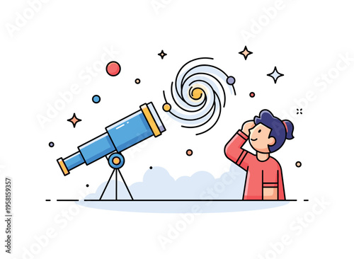 Learning about the Milky Way illustrated by a small telescope pointed toward a spiral galaxy while a student figure looks up with curiosity.