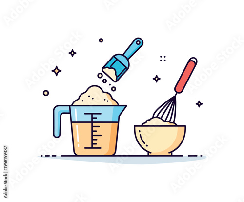 Measuring flour for baking scoop of flour in a measuring cup beside a small bowl and whisk while gentle flour particles suggest fresh baking preparation. The