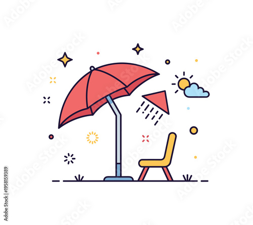 Shade patio umbrella over a small outdoor chair creating a comfortable shaded corner for relaxation. Decorative spark icons emphasize warm sunny weather and